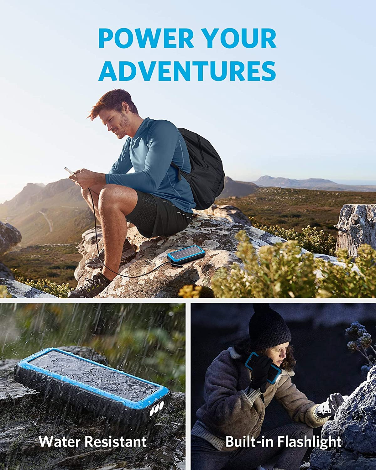 Cargador Portátil Solar Anker PowerCore de 20,000 mAh. + Linterna con Tecnología Militar IP65 Resitente al Polvo y Agua - KATZER