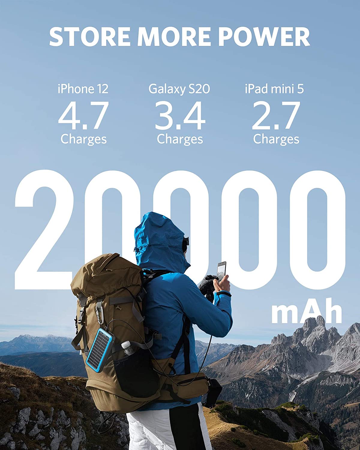 Cargador Portátil Solar Anker PowerCore de 20,000 mAh. + Linterna con Tecnología Militar IP65 Resitente al Polvo y Agua - KATZER