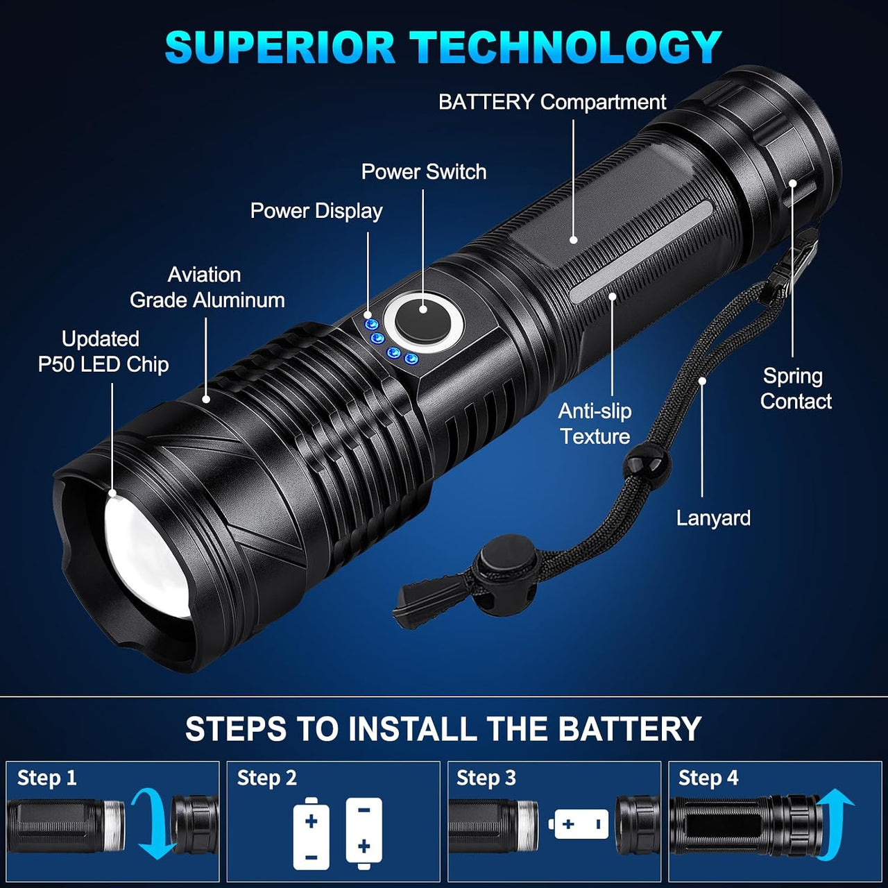 Linterna Led Recargable Intensa 990000 Lúmenes
