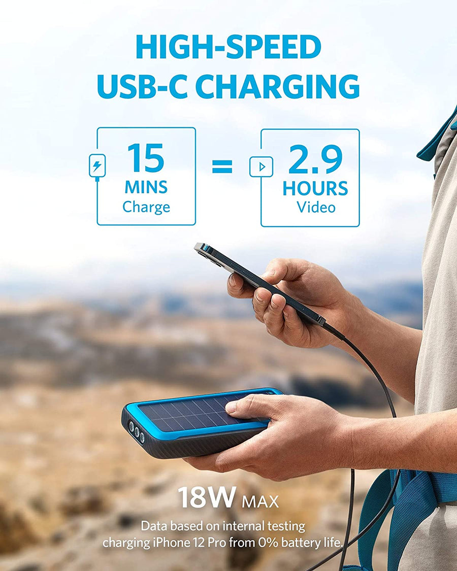 Cargador Portátil Solar Anker PowerCore de 20,000 mAh. + Linterna con Tecnología Militar IP65 Resitente al Polvo y Agua - KATZER