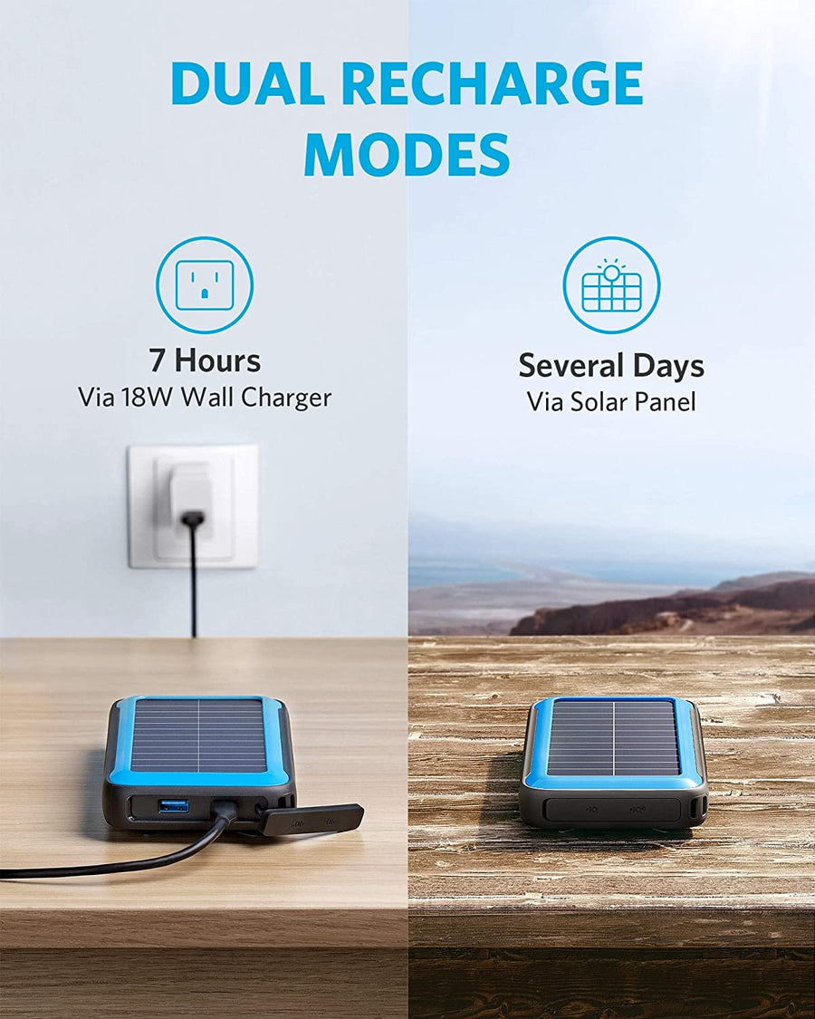 Cargador Portátil Solar Anker PowerCore de 20,000 mAh. + Linterna con Tecnología Militar IP65 Resitente al Polvo y Agua - KATZER