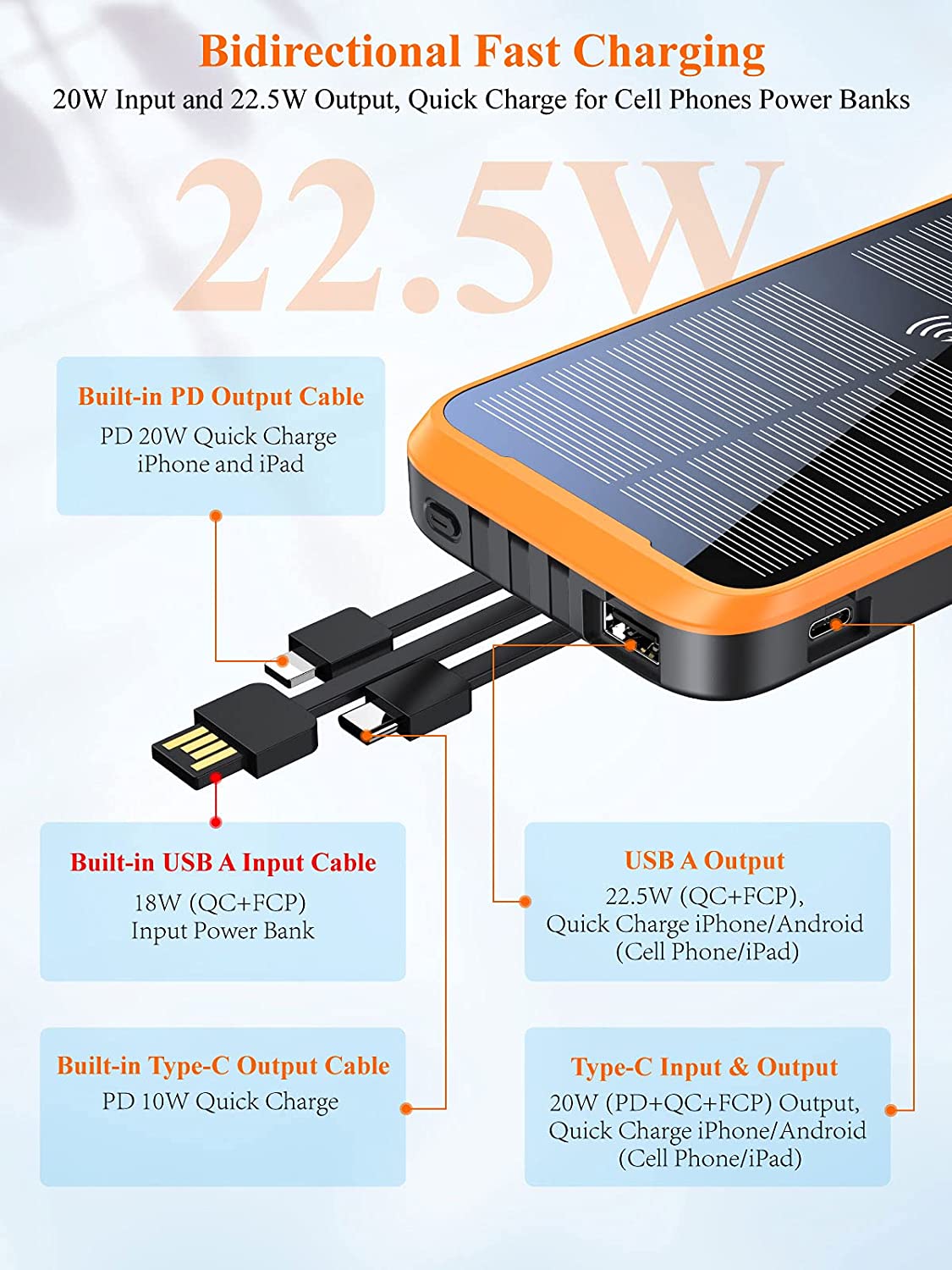 Cargador Portátil Solar ZONHOOD 38,800 mAh. Carga Rápida Inalambrica & USB Compatible con iPhone & Multi Entrada - KATZER